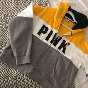 PINK Sherpa hood zip sweatshirt (size large)